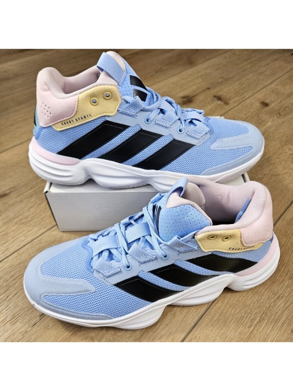 adidas Courtstabil Volleyball Shoes Womens Size 9 Blue Pink JQ1183 New 3 Stripes